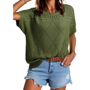imageDokotoo Womens Summer Scoop Neck Short Sleeve Sweaters Crochet Hollow Out Knit Tops Pullover Shirts Beach Cover UpGreen