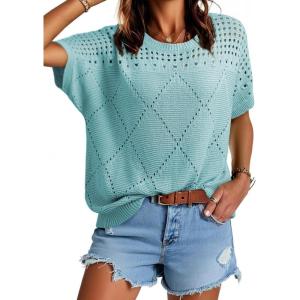 imageDokotoo Womens Summer Scoop Neck Short Sleeve Sweaters Crochet Hollow Out Knit Tops Pullover Shirts Beach Cover UpMist Blue