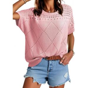 imageDokotoo Womens Summer Scoop Neck Short Sleeve Sweaters Crochet Hollow Out Knit Tops Pullover Shirts Beach Cover UpPink