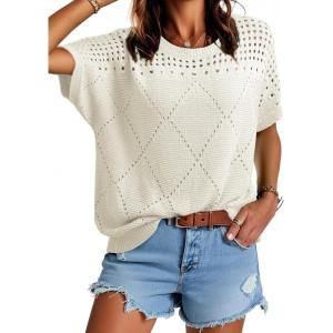 imageDokotoo Womens Summer Scoop Neck Short Sleeve Sweaters Crochet Hollow Out Knit Tops Pullover Shirts Beach Cover UpWhite