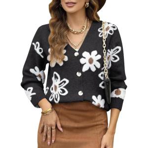 imageDokotoo Cardigan Sweaters for Women Open Front Long Sleeve Button Down VNeck Knit Floral SweaterBlack