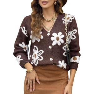 imageDokotoo Cardigan Sweaters for Women Open Front Long Sleeve Button Down VNeck Knit Floral SweaterBrown