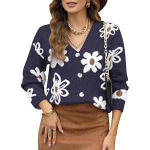 imageDokotoo Cardigan Sweaters for Women Open Front Long Sleeve Button Down VNeck Knit Floral SweaterNavy Blue