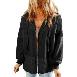 imageDokotoo Waffle Knit Hoodies for Womens Zip Up Jackets 2025 Drawstring Fall Casual JacketsNo Pocketsblack