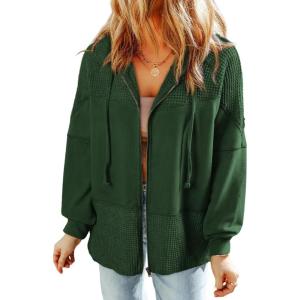 imageDokotoo Waffle Knit Hoodies for Womens Zip Up Jackets 2025 Drawstring Fall Casual JacketsNo Pocketsblackish Green