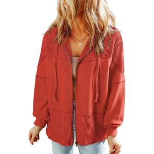 imageDokotoo Waffle Knit Hoodies for Womens Zip Up Jackets 2025 Drawstring Fall Casual JacketsNo Pocketsgold Flame