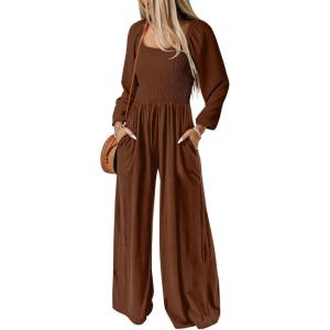 imageDokotoo Womens Casual Loose Overalls Jumpsuits One Piece Long Sleeve Wide Leg Long Pant Rompers With PocketsChestnut