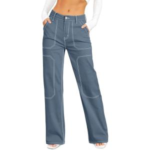 imageDokotoo Womens Casual Mid Waist Cargo Jeans Stretch Wide Leg Denim Pants with PocketsAshleigh Blue