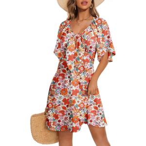 imageDokotoo Womens Dresses 2025 Summer Fall Deep V Neck Elegant Bow tie Mini Dress SXLZ Orange