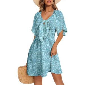 imageDokotoo Womens Dresses 2025 Summer Fall Deep V Neck Elegant Bow tie Mini Dress SXLZ Sky Blue