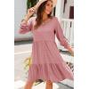imageDokotoo Fall Dresses for Women 2025 V Neck Button Up Long Sleeve Empire Waist Ruffle Tiered Mini Dress with PocketsGossamer Pink
