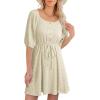 imageDokotoo Women Summer Dresses 2026 Square Neck Tie Waist Button Short Sleeve Pleated Ruffle Causal DressesApricot