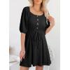imageDokotoo Women Summer Dresses 2026 Square Neck Tie Waist Button Short Sleeve Pleated Ruffle Causal DressesBlack