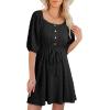 imageDokotoo Women Summer Dresses 2026 Square Neck Tie Waist Button Short Sleeve Pleated Ruffle Causal DressesBlack