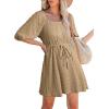 imageDokotoo Women Summer Dresses 2026 Square Neck Tie Waist Button Short Sleeve Pleated Ruffle Causal DressesKhaki