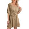 imageDokotoo Women Summer Dresses 2026 Square Neck Tie Waist Button Short Sleeve Pleated Ruffle Causal DressesKhaki