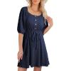 imageDokotoo Women Summer Dresses 2026 Square Neck Tie Waist Button Short Sleeve Pleated Ruffle Causal DressesNavy Blue