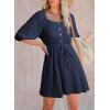 imageDokotoo Women Summer Dresses 2026 Square Neck Tie Waist Button Short Sleeve Pleated Ruffle Causal DressesNavy Blue