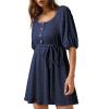 imageDokotoo Women Summer Dresses 2026 Square Neck Tie Waist Button Short Sleeve Pleated Ruffle Causal DressesNavy Blue