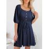 imageDokotoo Women Summer Dresses 2026 Square Neck Tie Waist Button Short Sleeve Pleated Ruffle Causal DressesNavy Blue