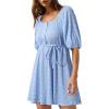 imageDokotoo Women Summer Dresses 2026 Square Neck Tie Waist Button Short Sleeve Pleated Ruffle Causal DressesSky Blue