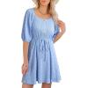 imageDokotoo Women Summer Dresses 2026 Square Neck Tie Waist Button Short Sleeve Pleated Ruffle Causal DressesSky Blue