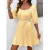 imageDokotoo Women Summer Dresses 2026 Square Neck Tie Waist Button Short Sleeve Pleated Ruffle Causal DressesYellow