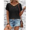 imageDokotoo Womens Casual 2026 Waffle Knit Hollow Out Lace Tops Short Sleeve V Neck Loose Fit Shirts BlousesBlack