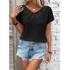 imageDokotoo Womens Casual 2026 Waffle Knit Hollow Out Lace Tops Short Sleeve V Neck Loose Fit Shirts BlousesBlack