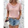 imageDokotoo Womens Casual 2026 Waffle Knit Hollow Out Lace Tops Short Sleeve V Neck Loose Fit Shirts BlousesGossamer Pink