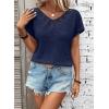 imageDokotoo Womens Casual 2026 Waffle Knit Hollow Out Lace Tops Short Sleeve V Neck Loose Fit Shirts BlousesNavy Blue