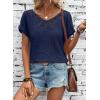 imageDokotoo Womens Casual 2026 Waffle Knit Hollow Out Lace Tops Short Sleeve V Neck Loose Fit Shirts BlousesNavy Blue