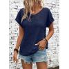 imageDokotoo Womens Casual 2026 Waffle Knit Hollow Out Lace Tops Short Sleeve V Neck Loose Fit Shirts BlousesNavy Blue