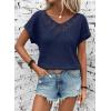 imageDokotoo Womens Casual 2026 Waffle Knit Hollow Out Lace Tops Short Sleeve V Neck Loose Fit Shirts BlousesNavy Blue