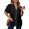 imageDokotoo Womens Dressy Casual V Neck Short Sleeve Button Down Shirts Relaxed Work Business Loose Blouses TopsBlack