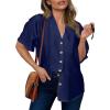 imageDokotoo Womens Dressy Casual V Neck Short Sleeve Button Down Shirts Relaxed Work Business Loose Blouses TopsNavy Blue