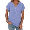 imageDokotoo Womens Summer Casual Button Short Sleeve V Neck Shirts Oversized Solid Cotton Blouses TopsBeau Blue