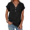imageDokotoo Womens Summer Casual Button Short Sleeve V Neck Shirts Oversized Solid Cotton Blouses TopsBlack