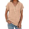 imageDokotoo Womens Summer Casual Button Short Sleeve V Neck Shirts Oversized Solid Cotton Blouses TopsLight French Beige