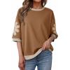 imageDokotoo Womens Tops 2026 Summer 34 Sleeve Floral Sweatshirt Casual Crew Neck Oversized Colorblock BlousesBrown
