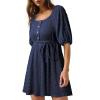 imageDokotoo Women Summer Dresses 2026 Square Neck Tie Waist Button Short Sleeve Pleated Ruffle Causal DressesNavy Blue