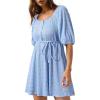 imageDokotoo Women Summer Dresses 2026 Square Neck Tie Waist Button Short Sleeve Pleated Ruffle Causal DressesSky Blue