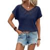 imageDokotoo Womens Casual 2026 Waffle Knit Hollow Out Lace Tops Short Sleeve V Neck Loose Fit Shirts BlousesNavy Blue