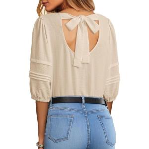 imageDokotoo Blouses for Women Dressy Casual Crewneck 34 Length Sleeve Womens Tops Loose Business Work ShirtsApricot