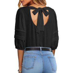 imageDokotoo Blouses for Women Dressy Casual Crewneck 34 Length Sleeve Womens Tops Loose Business Work ShirtsBlack