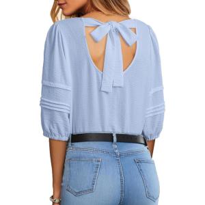 imageDokotoo Blouses for Women Dressy Casual Crewneck 34 Length Sleeve Womens Tops Loose Business Work ShirtsBlue