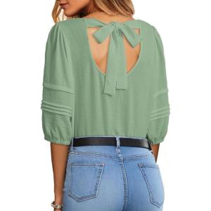 imageDokotoo Blouses for Women Dressy Casual Crewneck 34 Length Sleeve Womens Tops Loose Business Work ShirtsGreen