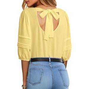 imageDokotoo Blouses for Women Dressy Casual Crewneck 34 Length Sleeve Womens Tops Loose Business Work ShirtsYellow Cream