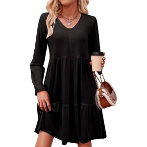 imageDokotoo Fall Dresses for Women 2025 V Neck Button Up Long Sleeve Empire Waist Ruffle Tiered Mini Dress with PocketsBlack