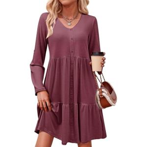imageDokotoo Fall Dresses for Women 2025 V Neck Button Up Long Sleeve Empire Waist Ruffle Tiered Mini Dress with PocketsBurgundy